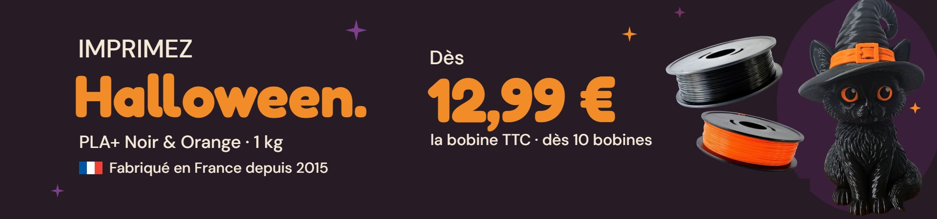 Imprimez Halloween : PLA+ Noir et Orange 1 kg, dès 12,99 € la bobine TTC dès 10 bobines, fabriqué en France